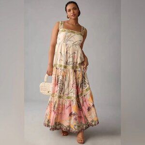 Anthropologie Square Neck Embroidered Floral Maxi Dress XL Boho Chic Fairy
